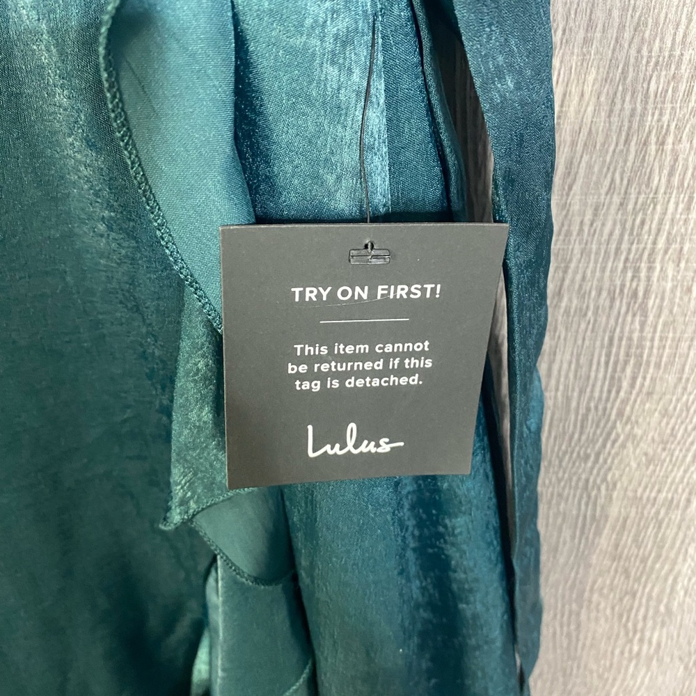 NWT Lulus Wrapped Up In Love Dark Green Satin Faux-Wrap Midi Dress Women's M - Picture 6 of 10